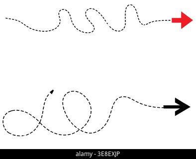 Comic dotted thin arrow set, Wavy curved dash pointer collection, Squiggle sketchy direction or trajectory lines Stock Vector