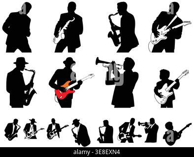 Musician Silhouette Icons, Jazz Band Guitar Saxophone Trumpet Players Vector Set Stock Vector
