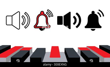 Sound Notification Icons with Piano Keyboard, Audio and Music Interface Set Stock Vector