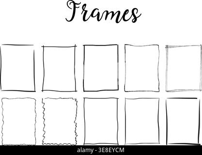 Hand Drawn Rectangle Frame Set, Sketch Doodle Rough  Wavy Brush Stroke Organic Border Clipart, Imperfect  Artisan Line Art Frame, Journal Planner Soci Stock Vector