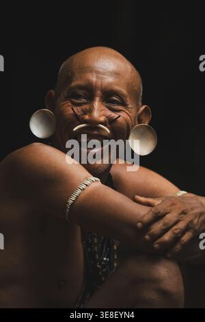Portrait of a smiling Matis man from the Amazon Stock Photo