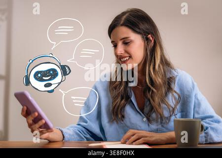 A woman interacts with an AI chatbot on her smartphone, ideal for tech companies promoting conversational interfaces. Stock Photo