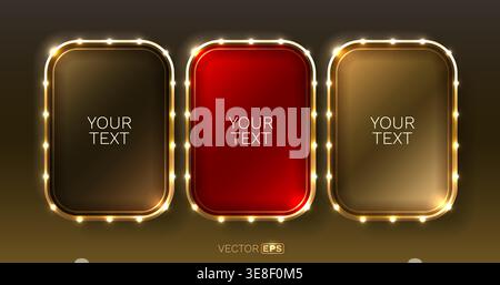 Elegant Marquee Frames with Glowing Light Bulbs. Vintage gold and red signboard set for text and promotion. Vector illustration Stock Vector