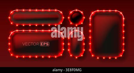 Vibrant red neon frames with glowing light bulbs, offering various shapes for dynamic advertising design elements, perfect for banners or borders. Vector illustration Stock Vector