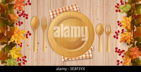 Thanksgiving dinner table setting top view, realistic vector background. Wooden table, empty plate and eco friendly cutlery. Holiday decorations with autumn leaves, red berries and confetti Stock Vector