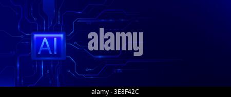 AI chip board with neon glowing circuit pattern and tech element, abstract vector background. Poster design with digital processor with blue semiconductor architecture and intelligent computing power. Stock Vector