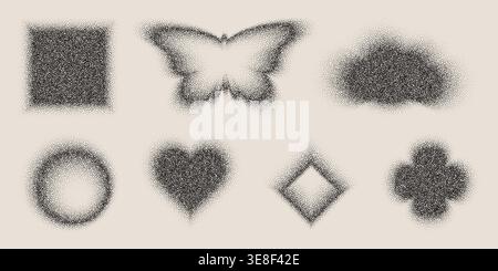 Grainy gradient shapes, flower and butterfly, circle and heart in Y2K retro style, vector illustration set. Noisy halftone patterns, pixelated dots, and abstract floral and geometric icons Stock Vector