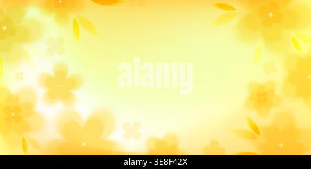 Spring background with soft gradient blur, pastel yellow flowers and leaves. Vector seasonal backdrop with natural light and gentle floral pattern in warm colors, summer border or banner Stock Vector