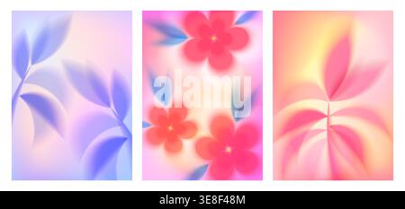 Spring backgrounds with soft gradient blur, red blooming flowers and leaves. Vector seasonal backdrop with natural light, gentle floral pattern, defocused blossom cards set Stock Vector