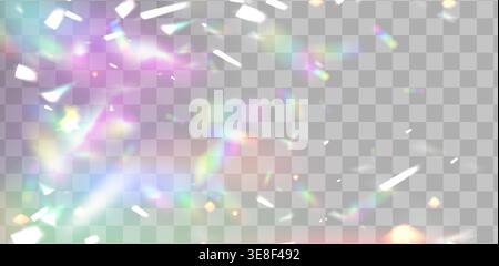 Radiant light flare with rainbow prism effects and crystal reflections on transparent background. Vector realistic brilliant sunlight beams, holographic glass textures with sparkling light overlay. Stock Vector