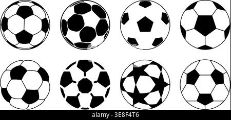 Vector icon set of comprehensive soccer and football balls in multiple graphic styles. Classic pentagon and hexagon patterns, outlines, and silhouettes. An extensive collection of vector football and soccer ball icons. This comprehensive bundle features various graphic styles, including clean line art outlines, solid black silhouettes, flat designs, and inverted concepts. It showcases diverse panel patterns for a professional sports aesthetic. Perfect for creating team logos, championship graphics, sports app UI UX, website design, and promotional materials for athletic events. This versatile  Stock Vector