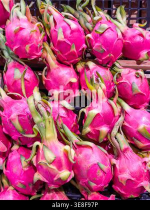 vibrant pile of fresh pink dragon fruits, showcasing their exotic skin and green scales. Ideal for healthy food backgrounds and tropical fruit themes. Stock Photo