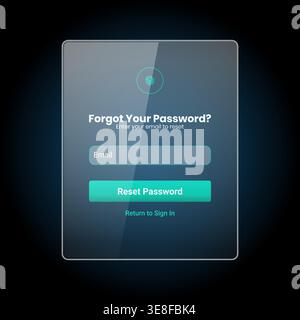 A sleek and modern forgot password user interface design featuring glassmorphism style on a dark blue gradient background. Includes email input field, Stock Vector