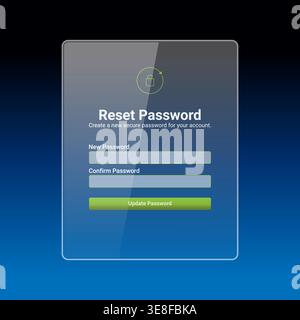 Professional reset password screen design with dark gradient background and minimal glass-style container. Features new password and confirm password Stock Vector