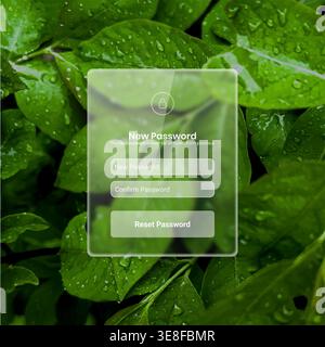 Unique password reset interface design combining glassmorphism UI with a fresh nature background of green leaves and water droplets. Transparent form Stock Vector