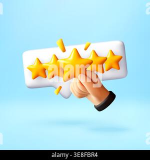 3D Hand holding star for five star rating system. Stock Vector