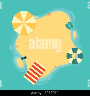 Top view summer island flat illustration featuring seasonal elements like umbrella, sandals, sunglasses, and towel perfect for vacation. Stock Vector