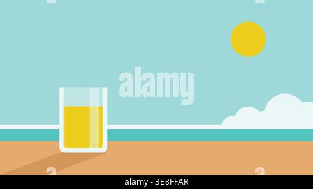 A minimalist summer beach scene with a warm sun shining in a clear blue sky and a refreshing glass of lemonade resting on the sand. Stock Vector
