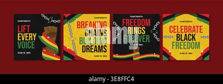 A collection of Juneteenth greeting designs featuring chains, fists, and flags, perfect for social media posts and event promotions. Stock Vector