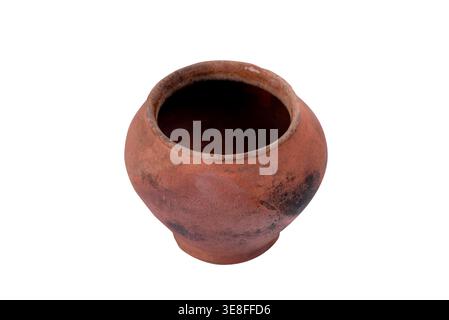 Rustic Clay Pitcher with Handle Isolated on White. Antique Rustic earthenware jug with Aged Terracotta surface Stock Photo