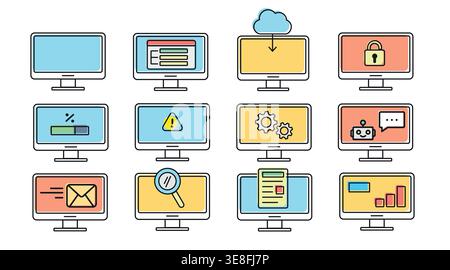 Set of 12 desktop computer icons: PC vectors with cloud, security... Stock Vector