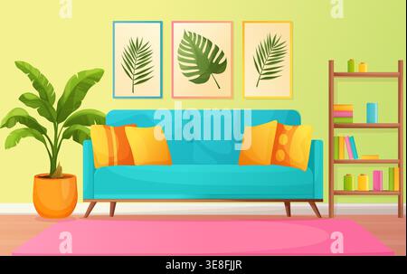 Modern living room interior vector illustration with sofa and plant Stock Vector
