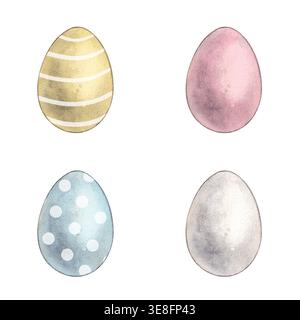 A set of colorful Easter eggs in pastel shades. Watercolor hand-drawn illustration on the theme of the spring holiday. Clipart for greeting cards Stock Photo
