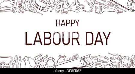 Happy Labour Day greeting card with line art style tools forming decorative border. Illustration on white background for posters, banners, social Stock Vector