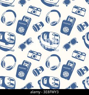 Travel seamless pattern with passport, camera, sunglasses, headphone in flat style. Vector illustration for wrapping paper, fabric. Stock Vector