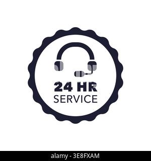 24 Hour Service Badge with Headset Icon in Rounded Vector Style Stock Vector