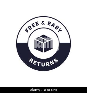 Vector Round Badge Icon with Free and Easy Returns Message and Minimal Box Symbol Stock Vector