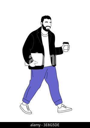 Man walks confidently with coffee and laptop Stock Vector