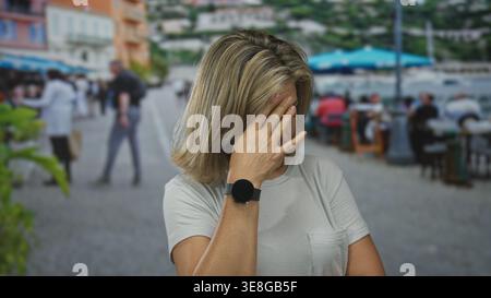 Young blonde woman wearing smartwatch and casual tee pinches nose with hand amid passersby on street; disgust. Stock Photo