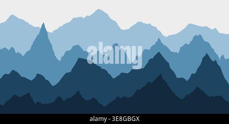 Mountain ridge silhouette with blue gradient fog creates stunning panoramic landscape vector illustration background. Stock Vector