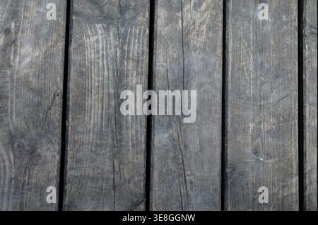 A close up texture of old wooden planks, likely pine or spruce, with a weathered and aged surface. The wood shows natural grain patterns, knots, crack Stock Photo