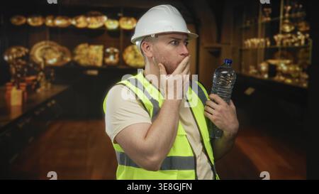 Man engineer wearing white hardhat and yellow hi vis vest holding plastic water bottle, hand covering mouth while examining exhibits inside museum bui Stock Photo