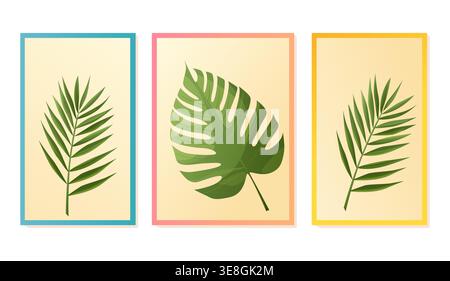 Tropical leaves vector illustration set with framed botanical elements Stock Vector