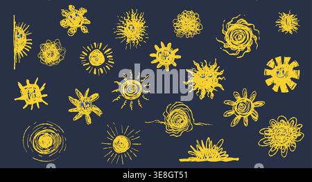 Whimsical sun doodle set in crayon and chalk style Stock Vector
