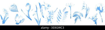 Halftone flowers leaves set blue cyanotype vector illustration Stock Vector