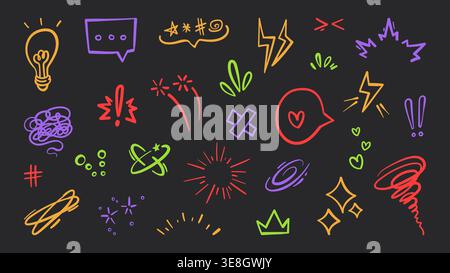 Comic effect emphasis symbols, vector line icons isolated on black. Speech bubble, sparkling stars, light bulb and dynamic motion rings, emotion hand drawn brush strokes, anime style graphic elements Stock Vector