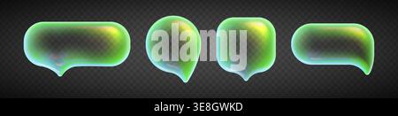 Transparent glass speech bubbles with holographic neon glow, realistic vector isolated on transparent. 3D glossy message, dialogue or chat icon with blue greengradient and chrome texture Stock Vector
