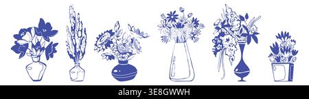 Hand drawn flower bouquet in vases, floral sketches isolated on background. Cartoon doodle set of vases with spring plants. Minimalist illustrations, vintage design elements Stock Vector