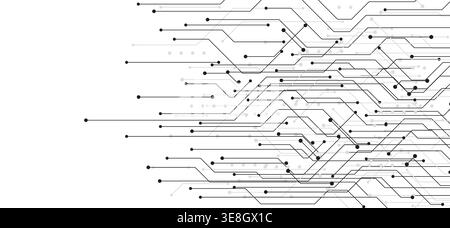 Circuit board pattern with electronic lines and nodes on white background. Vector abstract banner with modern technology connections, digital network design and futuristic tech elements Stock Vector