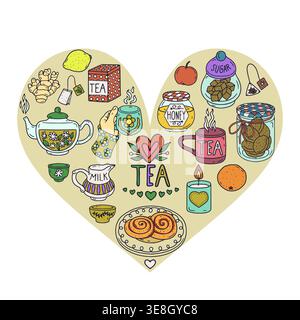 Set of heart shaped composition of cozy line art items with Tea hand lettering Stock Vector