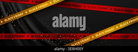 Sale banner with flowing black silk background, red Black Friday tape and golden ribbon, realistic vector illustration. Luxury 3D wavy fabric, gold confetti backdrop for November discount offers Stock Vector