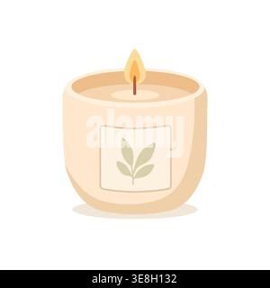 Burning scented candle in minimalist ceramic jar for home decor Stock Vector