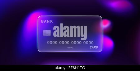 Glass credit card on glowing neon gradient background, abstract vector banner. Futuristic bank payment design with transparent texture, chip and card number Stock Vector
