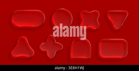 Transparent glass frames with glossy morphism effect, vector set isolated on red background. 3D ui elements with realistic texture, rounded corners, crystal clear borders for modern digital interface Stock Vector