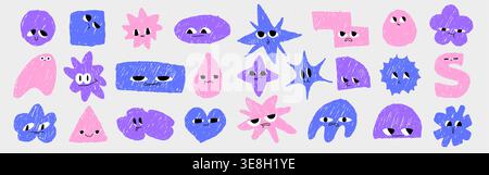 Cute cartoon shapes with funny faces and happy smiles, vector set isolated on white background. Colorful geometric characters with eyes and different emotions, kids designs and creative projects. Stock Vector