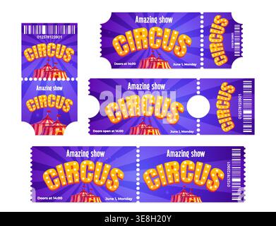 Vintage circus ticket borders with yellow letters and striped background, cartoon vector set isolated on white. Retro carnival invitation design with tent and barcode for shows, festivals or events Stock Vector